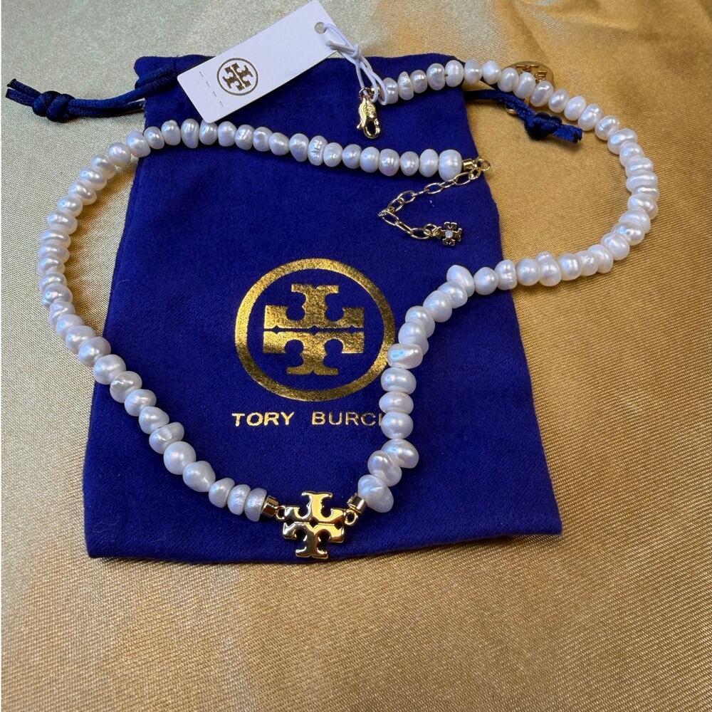 Tory Burch Kira Freshwater Pearl Necklace Gold Logo 15.8” + 2” Extender